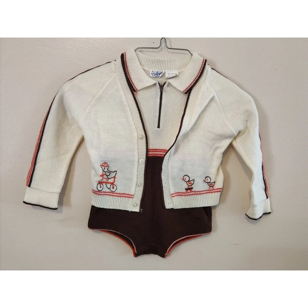 Vintage A Little Angel Set Size 18‎ Month Romper And Sweater Embroidered Ducks